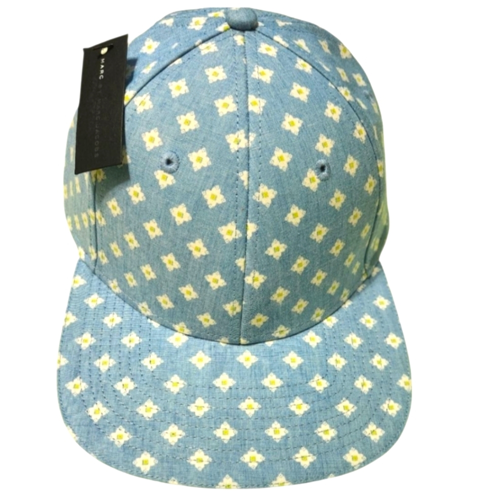 Marc Jacobs Blue Floral Hat Light Indigo Multi, Adjustable Leather Strap